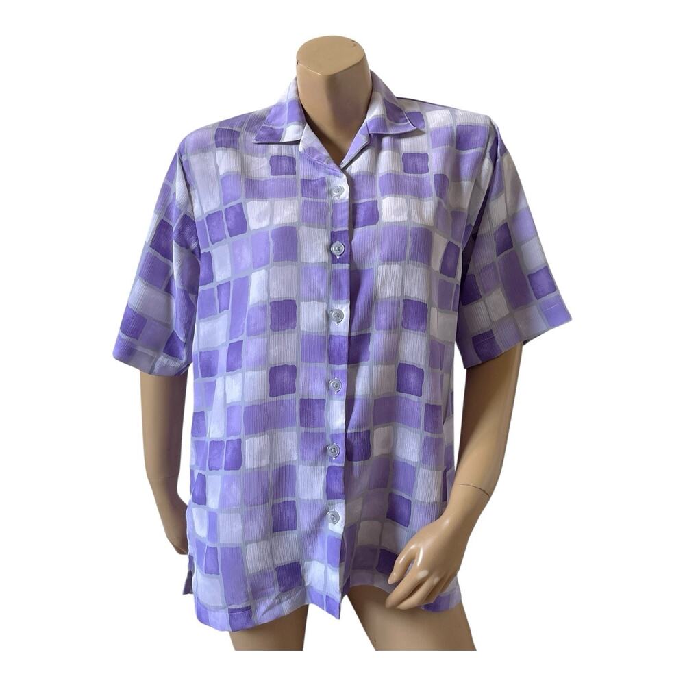 BonWorth Purple Abstract Check Button Front Short Sleeve Collared Blouse Small